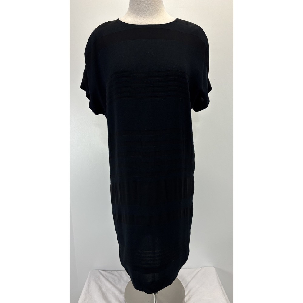 Vtg Jones New York Shift Dress Womens 12 Black Tonal Stripe Classic Career Rayon